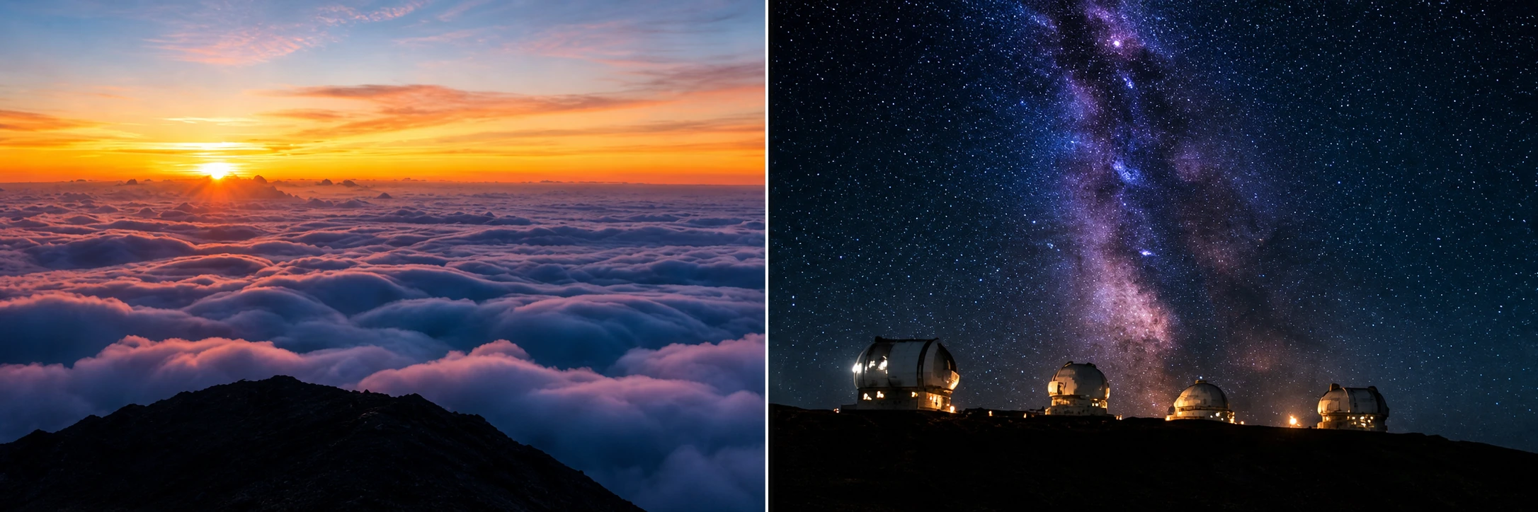 AI-enhanced Mauna Kea lower-elevation sunset and stargazing photo collage