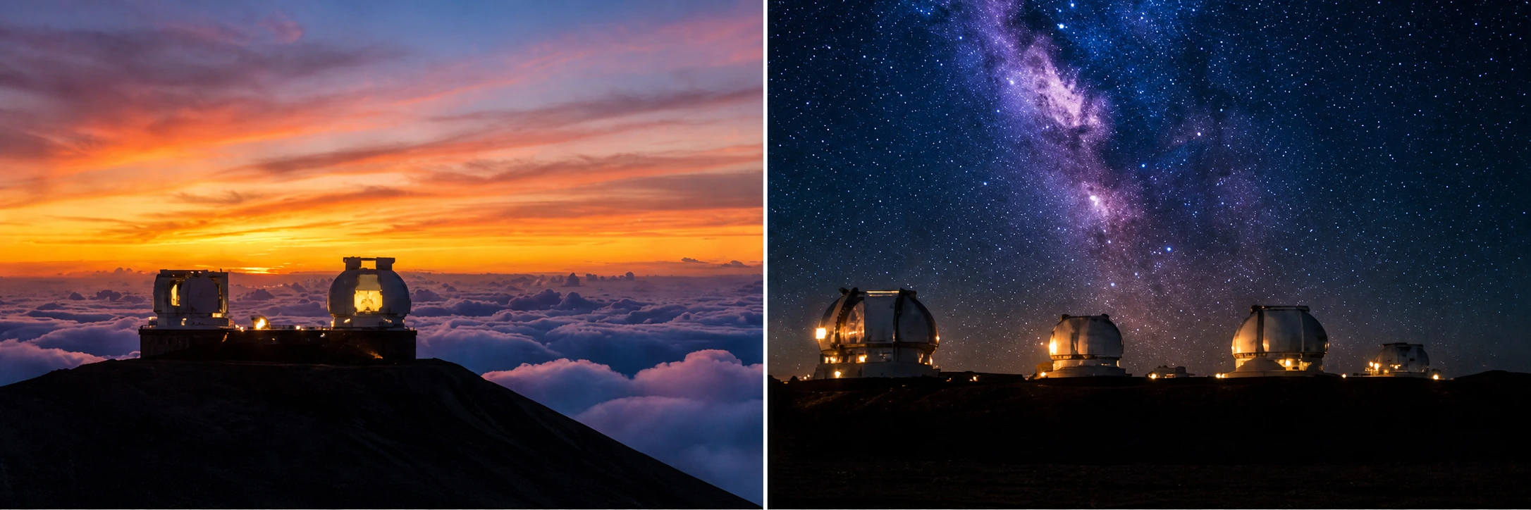 AI-enhanced Mauna Kea summit sunset and stargazing photo collage